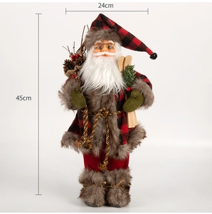 Detail of 45cm Santa Claus figurine with red plaid fabric and miniature skis