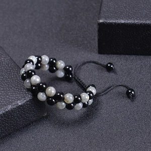 Double-layer handmade moonstone beaded bracelet with black and grey woven adjustable cord
