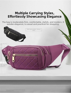 Detail view of purple quilted nylon crossbody bag with multi-zippered compartments