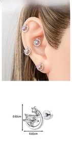 Detailed view of heart zircon crescent moon studs with precise 0.92cm x 0.82cm dimensions