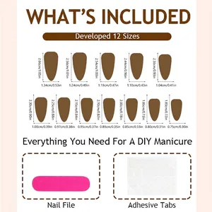 Press-on nail kit size guide showing 12 dimensions with pink nail file and adhesive tabs
