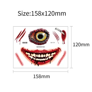 Halloween temporary tattoo stickers with scary eyeball, stitched mouth and dagger, 158x120mm