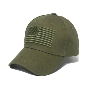 Army green tactical baseball cap with embroidered USA flag patch and curved brim