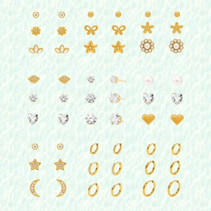 Mini gold zircon earring set featuring hearts, stars, and moon studs for women