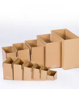 Detail view showing a variety of five-layer corrugated shipping boxes in brown kraft paper