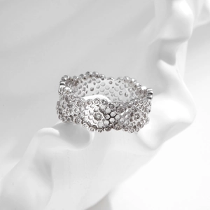 S925 sterling silver hollow honeycomb wide ring with sparkling cubic zirconia settings