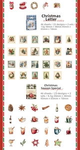 Vue détaillée de 46 autocollants de Noël illustrés avec motifs Père Noël et couronnes