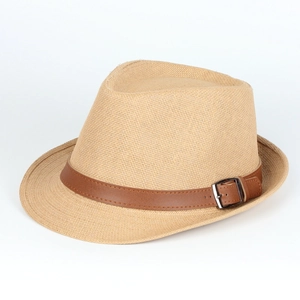 Classic men's Panama straw hat in beige with brown leather band and sun protection