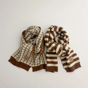 Cozy knit children scarf with brown stripes and cute bear embroidery patch decoration