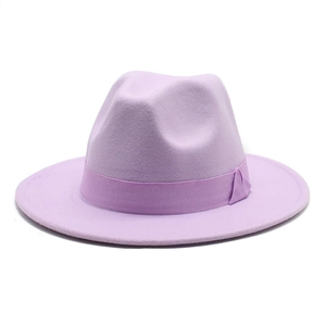 Detail of light purple wool fedora hat featuring a matching ribbed ribbon and classic teardrop crown