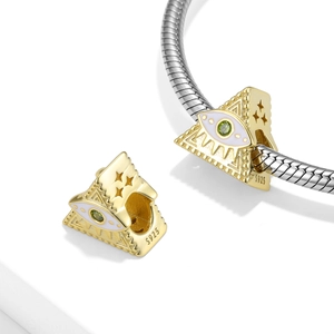 Golden S925 sterling silver evil eye pyramid charm with green zircon for necklaces