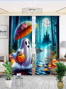 Detailed Halloween curtain texture showing ghost with flower umbrella and pumpkin basket