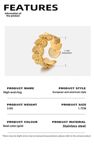 Detailed size specifications of an adjustable golden leaf pattern stainless steel ring