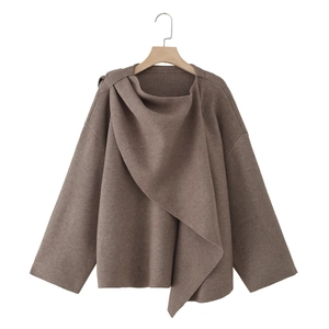 Women Knitted Coat With Scarf Collar Asymmetrical French Style Elegant Solid Color Long Sleeve Casual Outerwear Brown