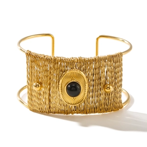 Vintage style 18k gold plated stainless steel wide bangle with black stone and woven texture