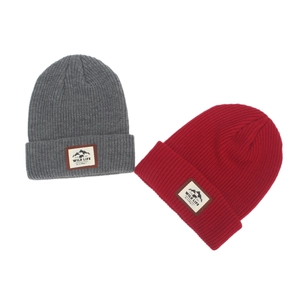 Classic knitted beanies in grey and burgundy with outdoor wild life mountain patch