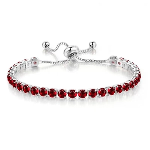 Detail view of 4mm red crystal tennis bracelet with adjustable silver sliding clasp