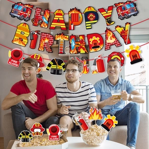 Firefighter birthday party decorations set with Happy Birthday banner and themed hanging cutouts