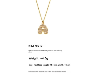 Detailed specs of gold 18K plated stainless steel letter A necklace with 5A zircon