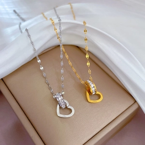 Interlocking Heart And Circle Pendant Necklace Titanium Steel Cubic Zirconia Love Engraved Dainty Jewelry For Women