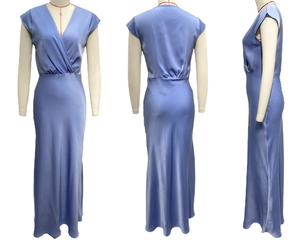 Three-way view of light blue satin V-neck maxi dress with ruched waist on a mannequin