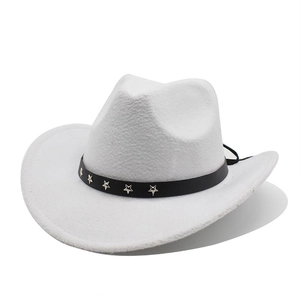 Close-up of white western felt cowboy hat featuring a black belt with silver star studs