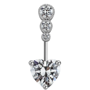 Detailed view of silver heart-shaped navel ring with sparkling round cubic zirconia stones
