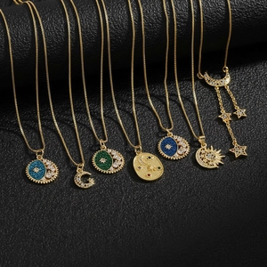 Golden star and moon hollow pendant necklaces with zircon micro-inlays on black leather