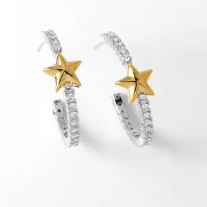 Elegante goldene Sternen Creolen mit Zirkonia-Besatz und silberner Oberflaeche