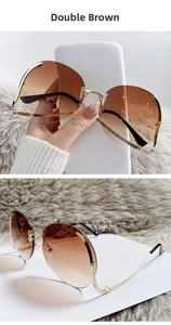 Detail of rimless gradient brown sunglasses with gold metal temples and stylish temples