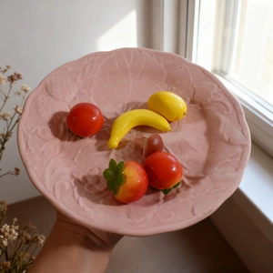 Pink embossed fruit pattern tray resin mold with textured leaf veins and miniature fruits