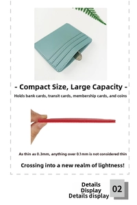 Detail showing 0.3mm ultra-thin lychee leather card holder with three functional slots
