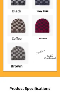 Checkerboard knit beanies in black, grey-blue, coffee, maroon and brown color options