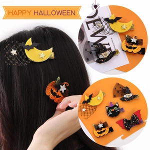 Halloween hair clips set with pumpkin bat moon and glitter mesh bow accessories