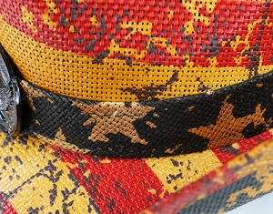 Detailed macro view of retro straw hat weaving with red yellow and black texture