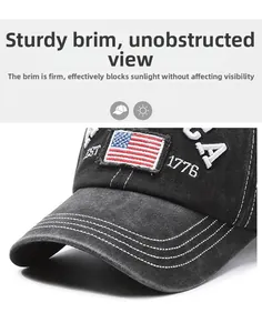Macro detail of embroidered American flag and 1776 text on vintage washed cotton baseball cap