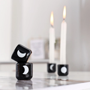Modern black ceramic candle holders with white moon patterns for romantic home decor