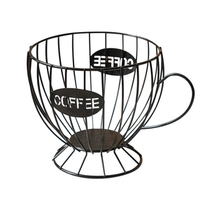 European style black iron coffee capsule storage basket in a unique cup shape for kitchen
