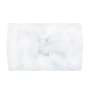 Soft nylon baby headband with a large white bow, elastic headwear for infants
