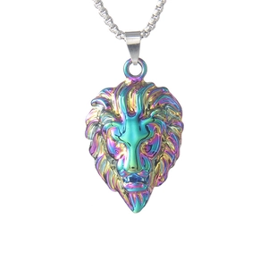 Hip hop rainbow lion head pendant necklace in stainless steel with long silver chain