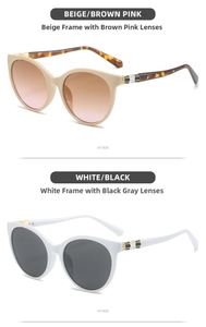 Detail of cat eye sunglasses showing beige frames and gold honeycomb metal hinges