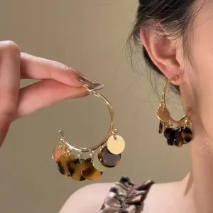 Detail of vintage leopard print and gold metal hoop earrings on a model with warm tones
