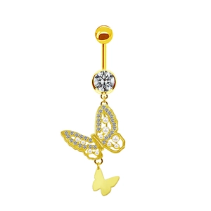 Detail of gold butterfly navel ring with sparkling rhinestones and white pearl pendant