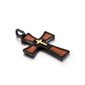 Retro multi-layer stainless steel cross pendant featuring wood inlay and gold detail