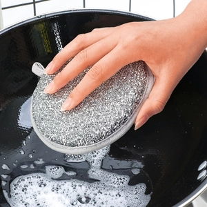 Silver steel wire kitchen cleaning sponge with hanging loop for pot and dish washing