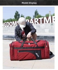 Macro detail of red Oxford fabric travel bag with zipper pockets and Sports logo