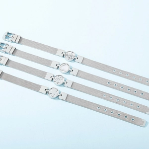 Adjustable silver stainless steel mesh bracelet set with decorative sliding charms