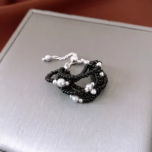 French retro multilayer glass bead ring with pearls and adjustable silver chain link
