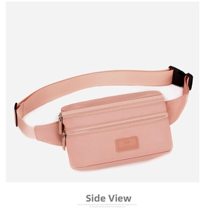 Detailed view of pink waterproof oxford fabric fanny pack with dual zippers and logo
