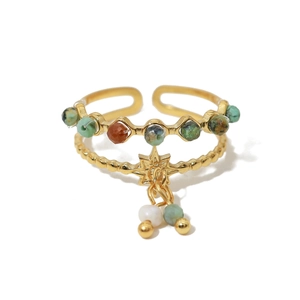 Bague ouverte dorée 18 carats avec pierres naturelles, étoile et perle pendante